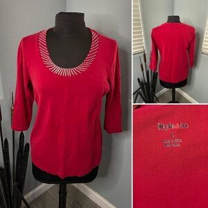 Style & Co Women's Size L Red Studded Long Sleeve Blouse